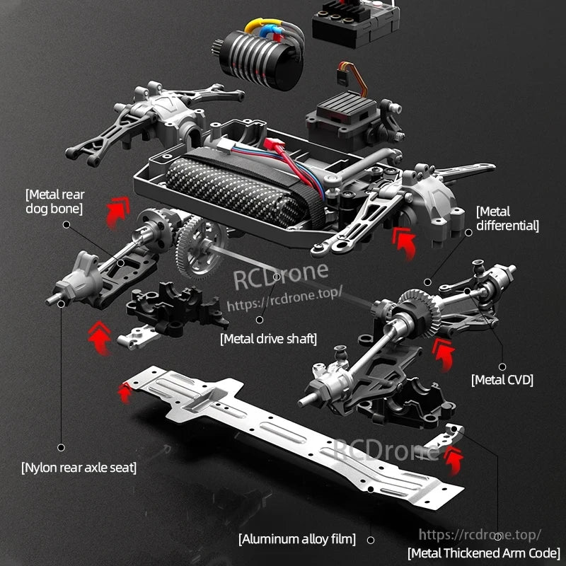Wltoys 18101 PRO Rc Car, Durable metal components including dog bone, differential, drive shaft, CVD, and thickened arms, with nylon axle seat and aluminum alloy film for enhanced strength and performance.