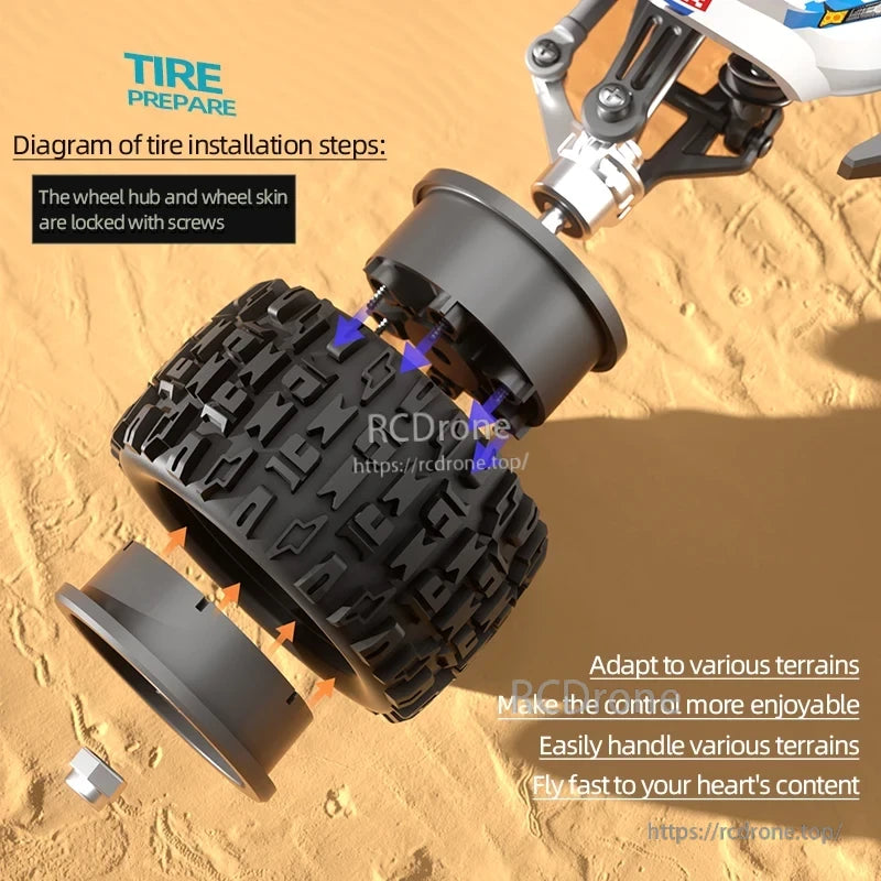 Wltoys 18101 PRO Rc Car, Tire installs via screw-secured hub and skin, providing terrain adaptability, improved control, and high-speed performance.