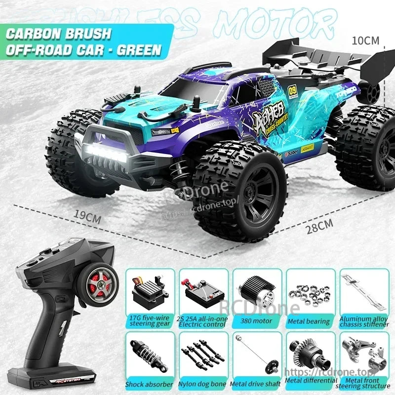 Wltoys 18101 PRO Rc Car, Green off-road car (10×28×19cm) with 17G steering, 25A controller, 380 motor, metal parts, aluminum chassis, shocks, and front steering.