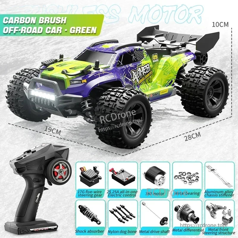 Wltoys 18101 PRO Rc Car, Green carbon brush off-road RC car with 380 motor, aluminum chassis, shock absorbers, metal parts, and 17G steering gear; includes 25A all-in-one controller. (24 words)