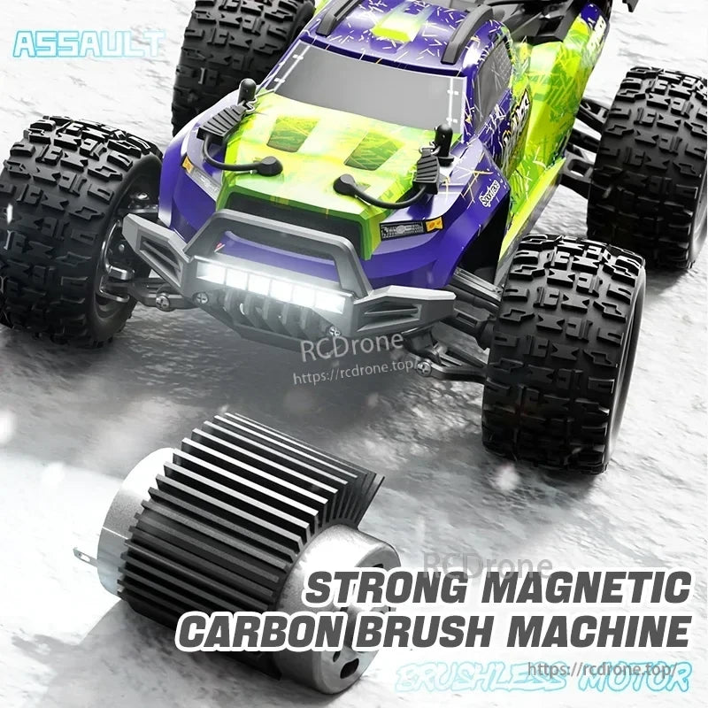 Wltoys 18101 PRO Rc Car, High-performance RC car with brushless motor, magnetic carbon brushes, vibrant green-purple design, and large off-road tires for rugged terrain.