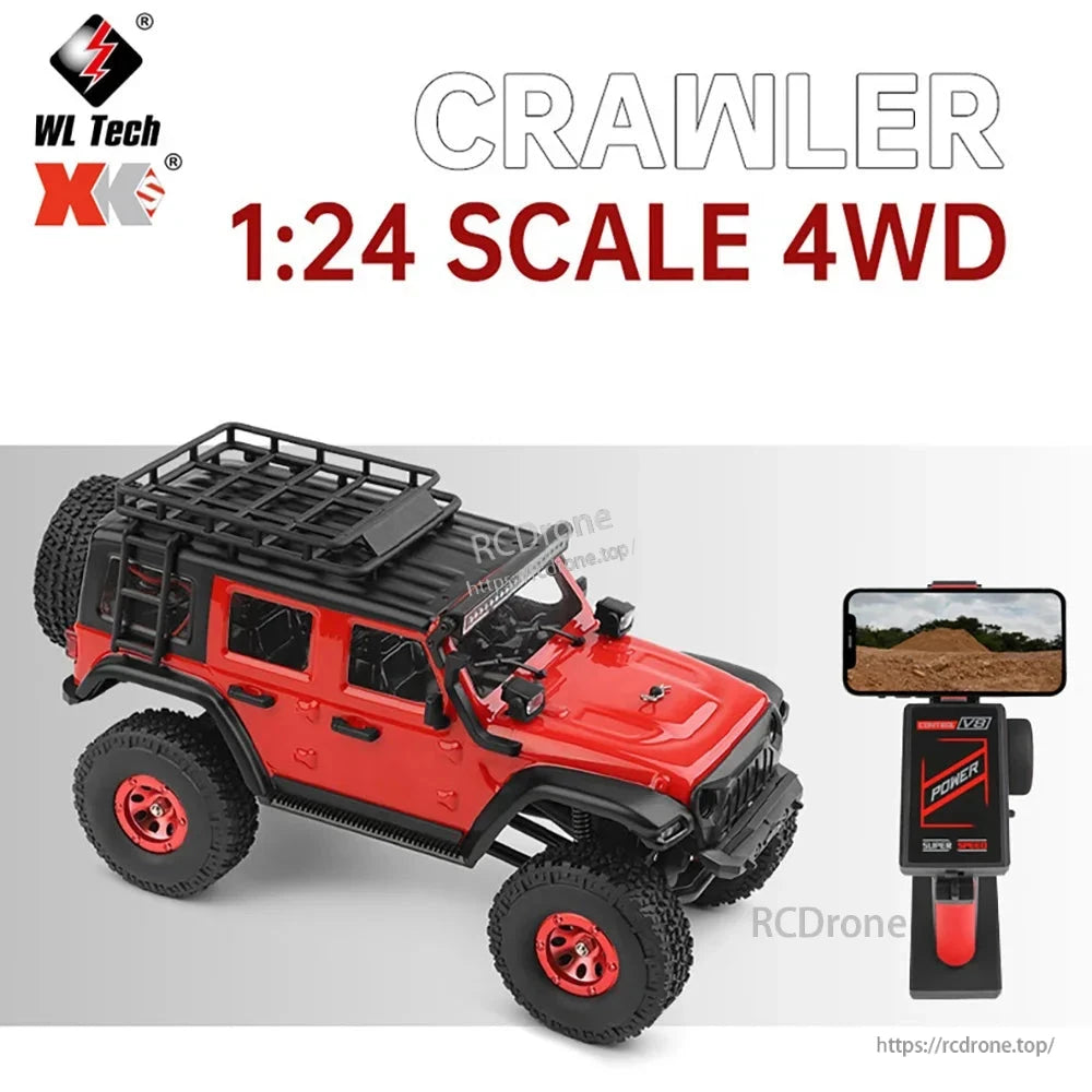 WL Tech 1:24 scale 4WD RC car features 2.4G remote control and an integrated camera for enhanced off-road crawling experience.