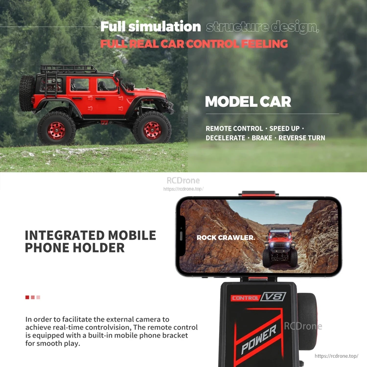 Realistic remote-controlled model car with full simulation features, smartphone holder for live camera feed, and intuitive controls for speed, braking, and turning.