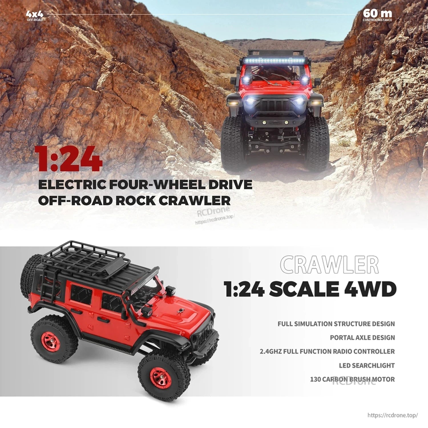 1:24 scale 4WD electric rock crawler with portal axle, 2.4GHz remote, LED light, 130 motor, 60m range, and rugged 4x4 off-road performance.