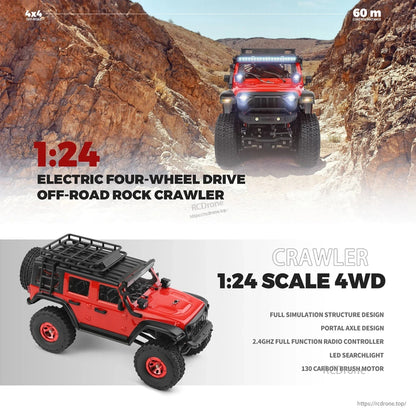 1:24 scale 4WD electric rock crawler with portal axle, 2.4GHz remote, LED light, 130 motor, 60m range, and rugged 4x4 off-road performance.