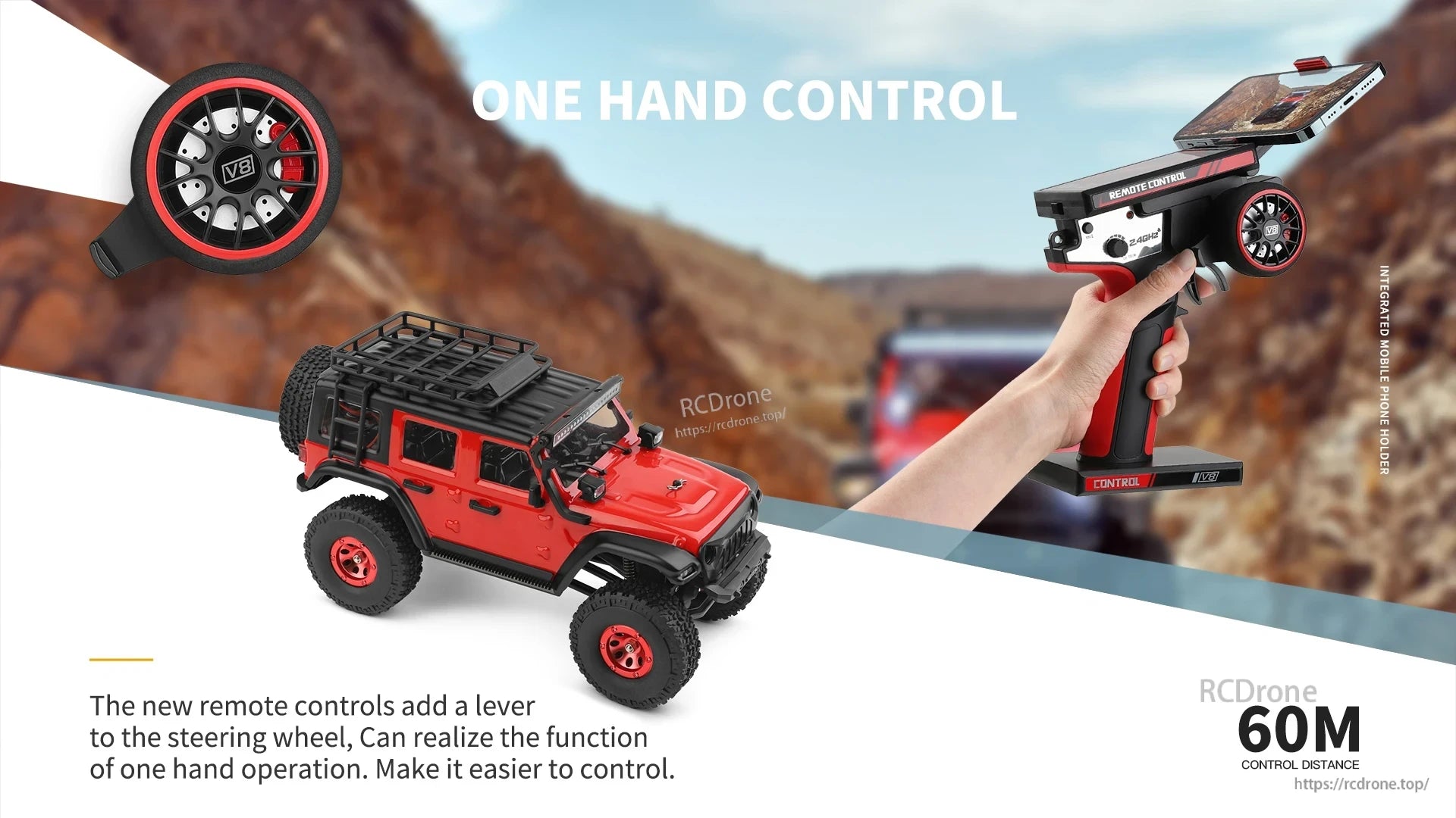Wltoys 2428 RC Crawler, One-hand control, 60M range, phone holder, V8 branding, lever-equipped remote for easy steering.