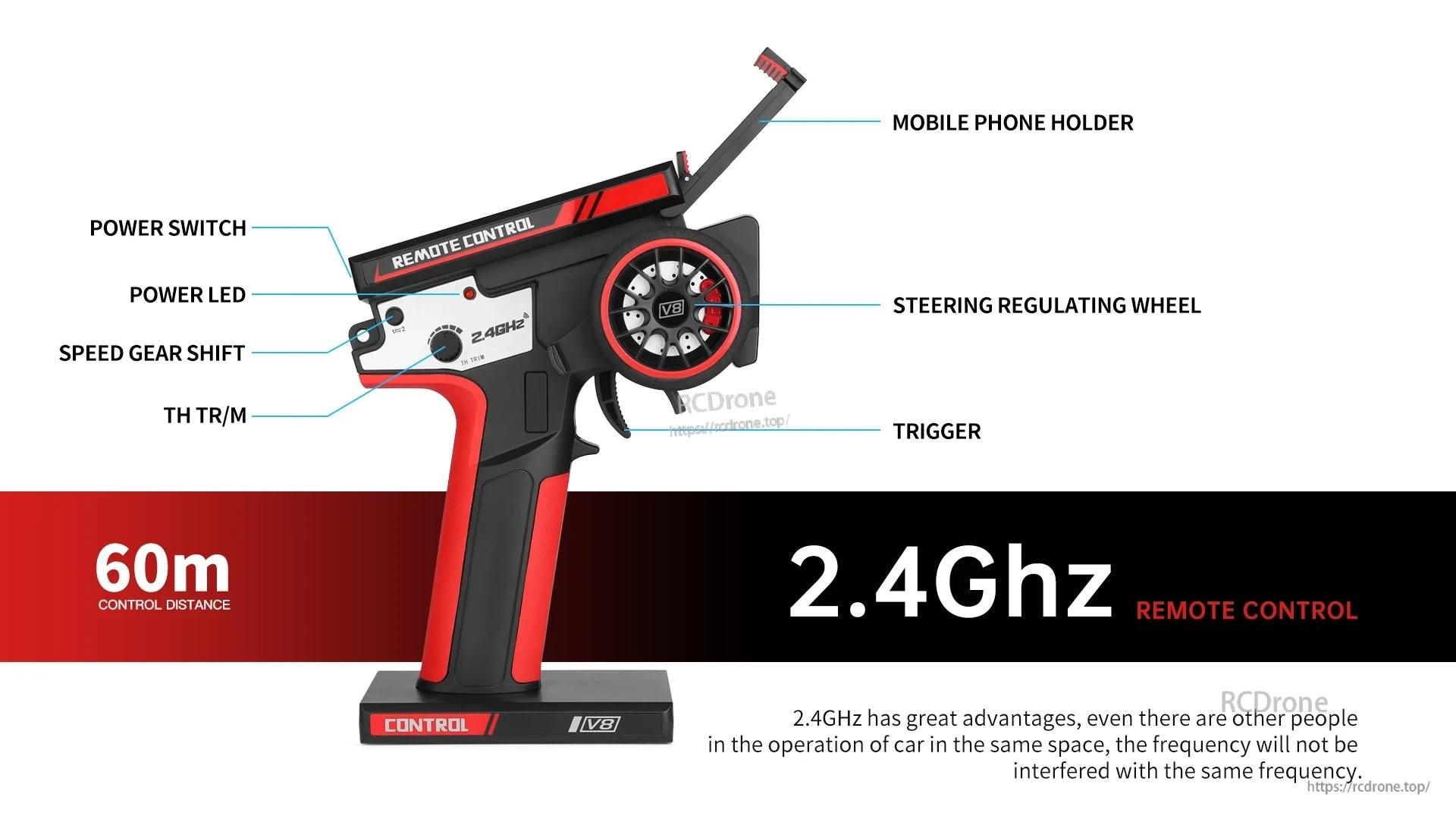 Wltoys 2428 RC Crawler, 2.4GHz remote controller with long-range, interference-free performance, intuitive controls, durable design, and clear labeling for optimal RC vehicle handling in diverse environments.
