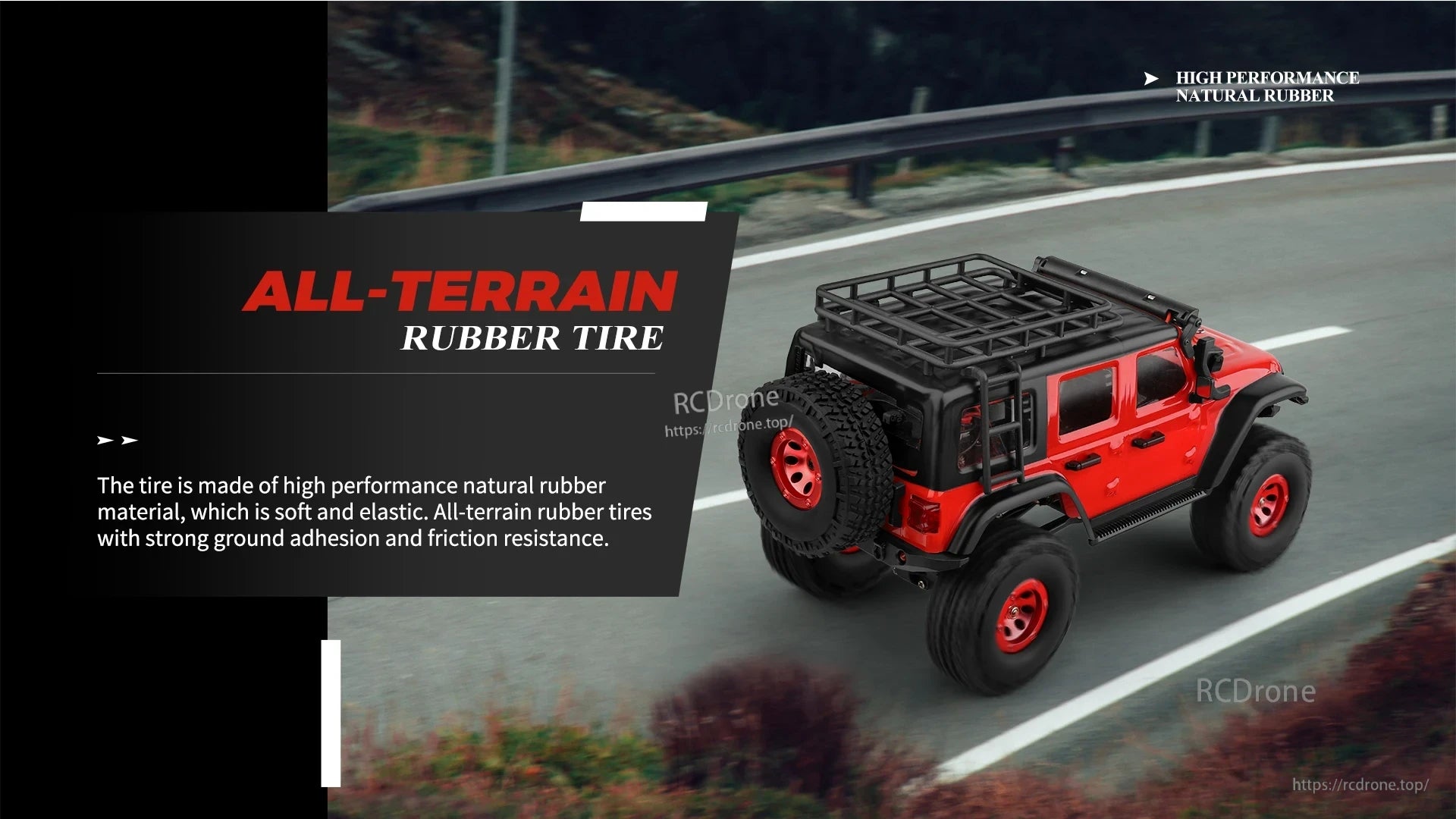 Wltoys 2428 RC Crawler, High-performance rubber tires offer soft elasticity, strong grip, and friction resistance for exploring rough terrain.