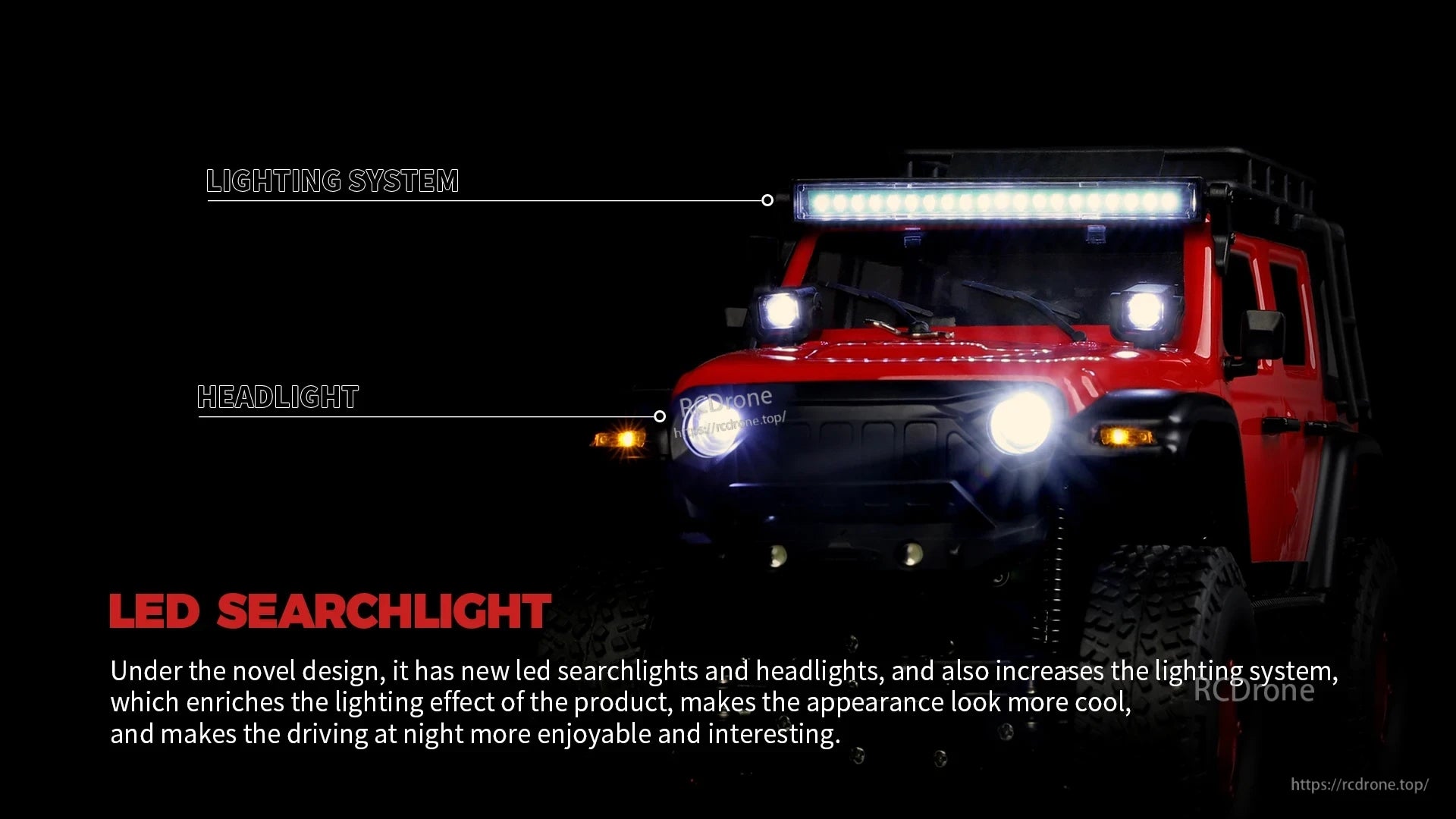 Wltoys 2428 RC Crawler, The car has a new design with improved LED lights for enhanced appearance and nighttime driving.