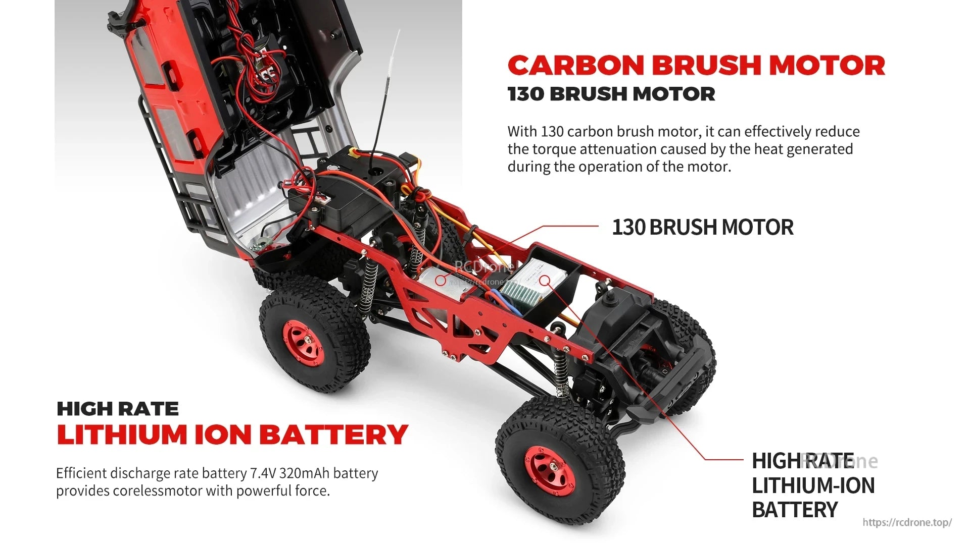 Wltoys 2428 RC Crawler, Carbon brush motor with reduced heat-induced torque loss and paired with a high-rate lithium-ion battery for improved performance.