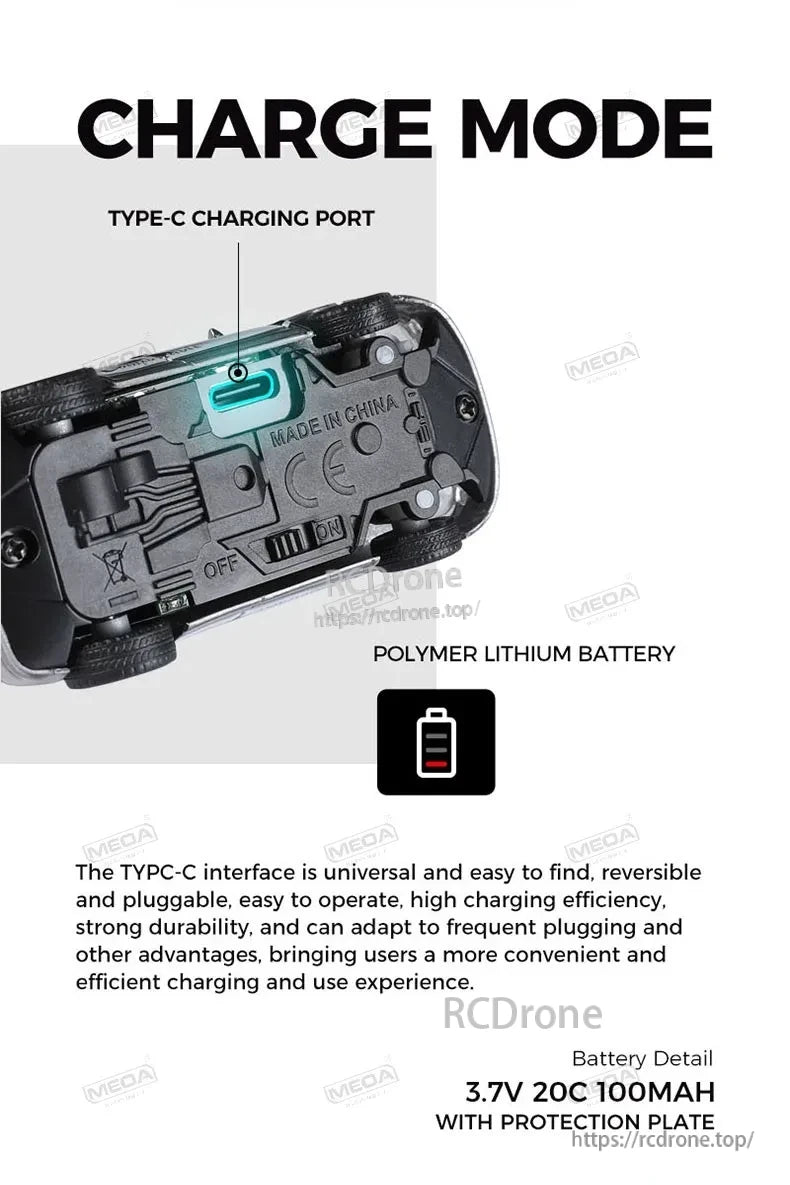 Wltoys 6401-C 1/64 FPV Mini RC Car, The Type-C port allows reversible charging, powered by a 3.7V 20C 100mAh lithium battery with protection for efficiency and durability.