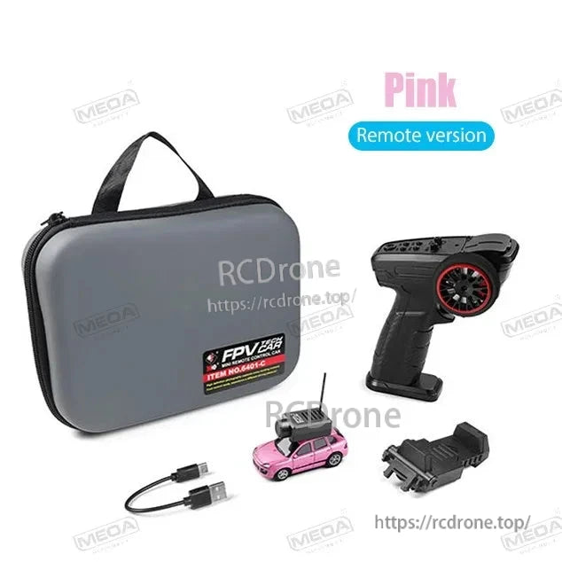 Wltoys 6401-C 1/64 FPV Mini RC Car, Pink FPV RC car with HD 720P WiFi camera, 2.4GHz gyro stabilization, app/handle control, and 3 km/h speed for remote viewing and driving.