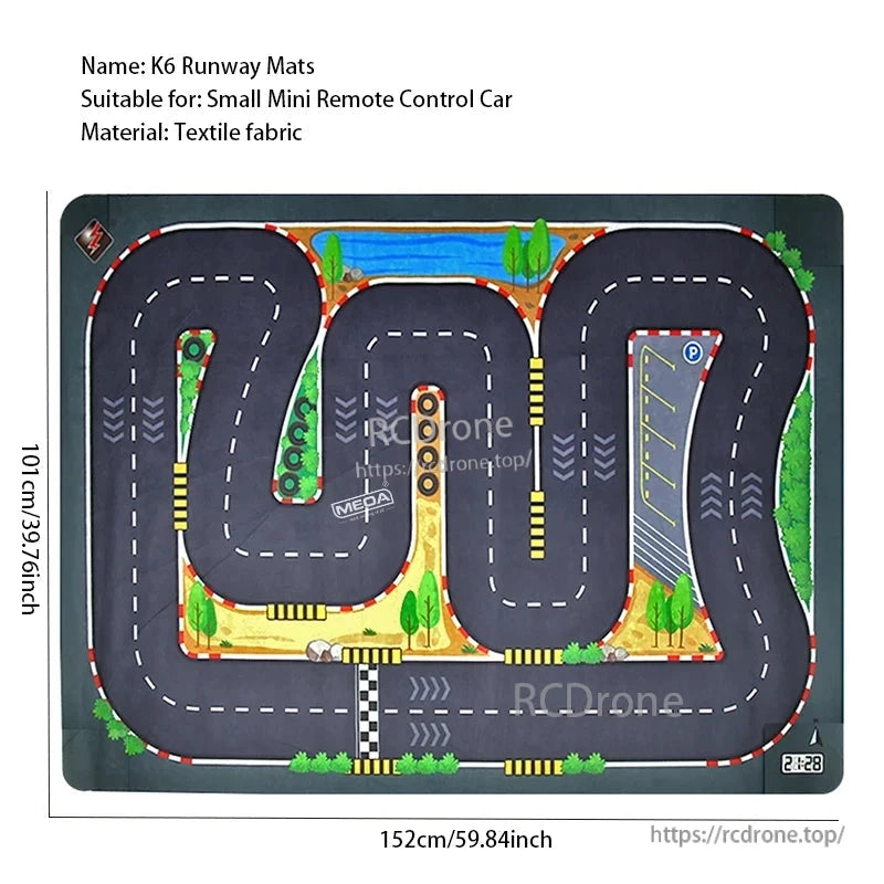 Wltoys 6401-C 1/64 FPV Mini RC Car, K6 Runway Mats for mini RC cars, 152x101 cm textile fabric with track design including trees, water, and parking zone.