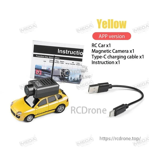Wltoys 6401-C 1/64 FPV Mini RC Car, Yellow RC car with HD magnetic camera, 2.4GHz gyro, 720P WiFi, 3 km/h speed, Type-C cable, and manual included.