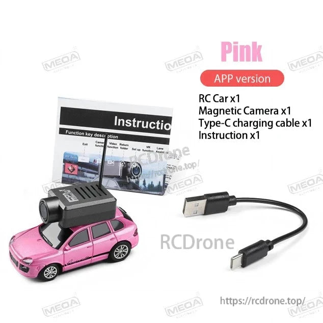 Wltoys 6401-C 1/64 FPV Mini RC Car, Pink RC car with magnetic 720P WiFi camera, Type-C charging, app/handle control, 2.4GHz gyro, and 3 km/h speed. Includes cable and instructions.