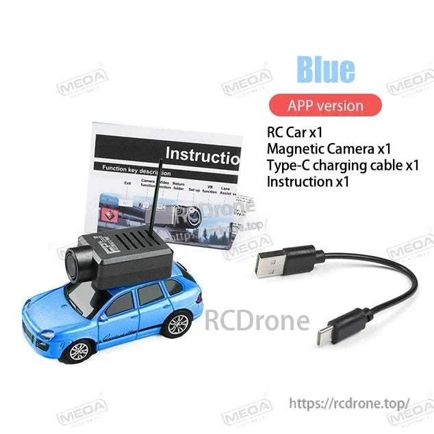 Wltoys 6401-C 1/64 FPV Mini RC Car, Blue RC car with HD magnetic camera, 2.4GHz gyro, WiFi, 720P video, app/handle control, Type-C cable, manual, and runway mats.