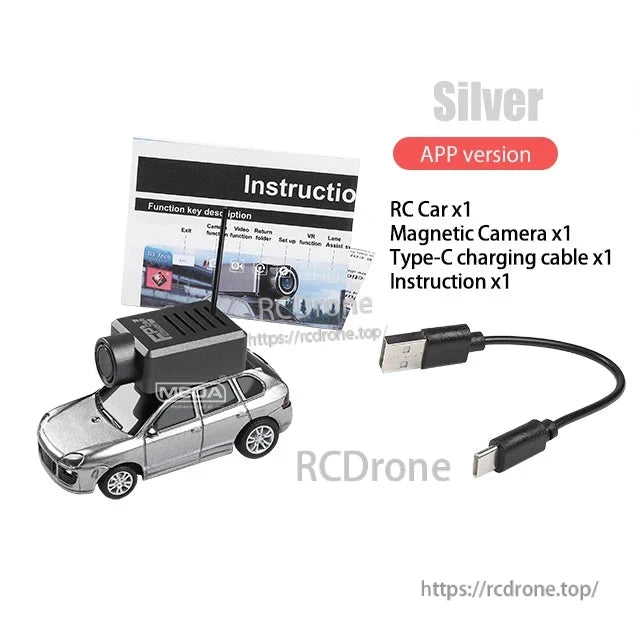 Wltoys 6401-C 1/64 FPV Mini RC Car, Silver RC car with HD magnetic camera, 720P video, WiFi, 2.4GHz gyro, app/handle control, 3 km/h speed; includes Type-C cable and instructions.
