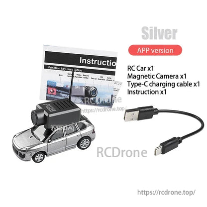 Wltoys 6401-C 1/64 FPV Mini RC Car, Silver RC car with HD magnetic camera, 720P video, WiFi, 2.4GHz gyro, app/handle control, 3 km/h speed; includes Type-C cable and instructions.