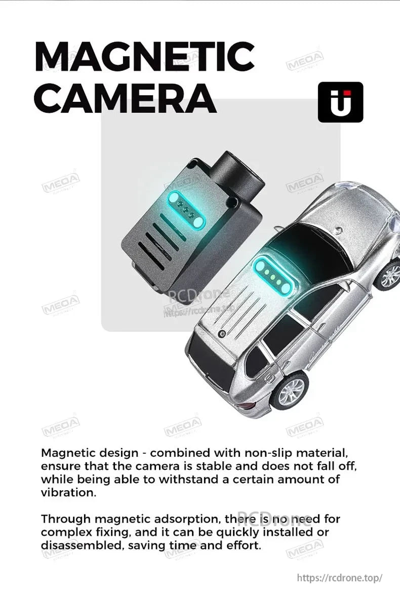 Wltoys 6401-C 1/64 FPV Mini RC Car, Magnetic camera with non-slip material offers stable, vibration-resistant performance; magnetic adsorption allows quick, easy installation and removal, saving time and effort.
