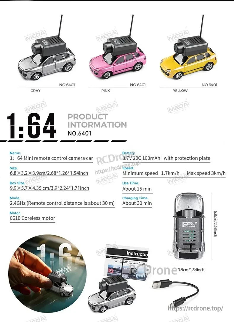 Wltoys 6401-C 1/64 FPV Mini RC Car, Mini 1:64 RC car with camera, 2.4GHz control, 30m range, 3.7V battery, 15min runtime, 30min charge, 0610 motor, compact size, available in gray, pink, yellow.