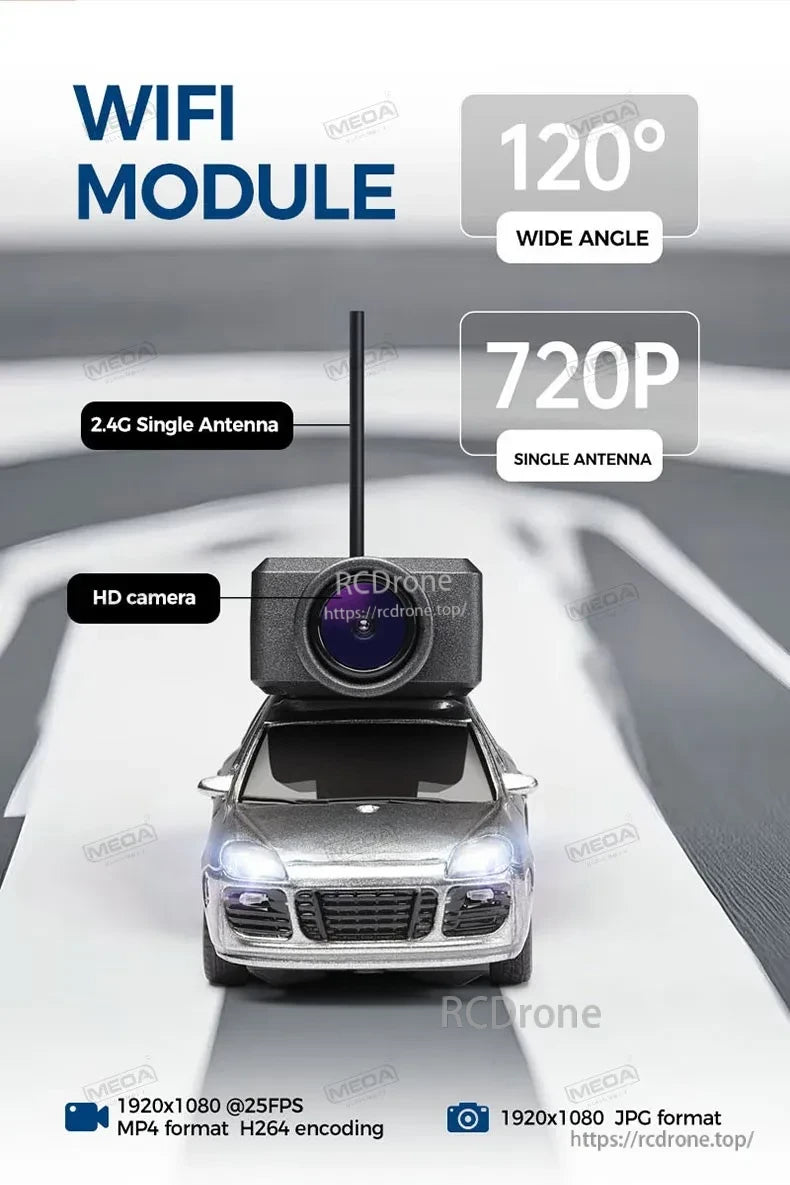 Wltoys 6401-C 1/64 FPV Mini RC Car, HD WiFi camera with 120° wide angle, 720P resolution, 2.4G antenna, recording 1920x1080 at 25FPS in MP4 (H264) and JPG formats.