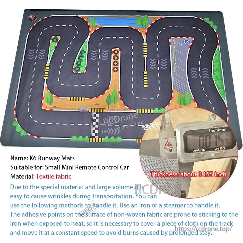 Wltoys 6401-C 1/64 FPV Mini RC Car, K6 Runway Mats for mini RC cars, 0.155" thick textile fabric. May wrinkle; iron or steam with cloth cover. Avoid prolonged heat to prevent burns.