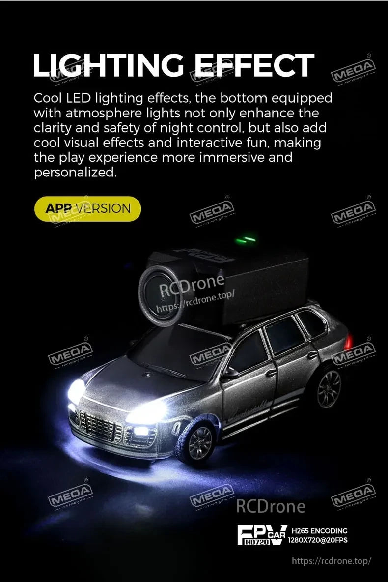 Wltoys 6401-C 1/64 FPV Mini RC Car, LED lights improve night flight visibility and safety, while the app offers FPV HD720 video with H265 encoding at 1280x720@20FPS for enhanced clarity and interactivity.