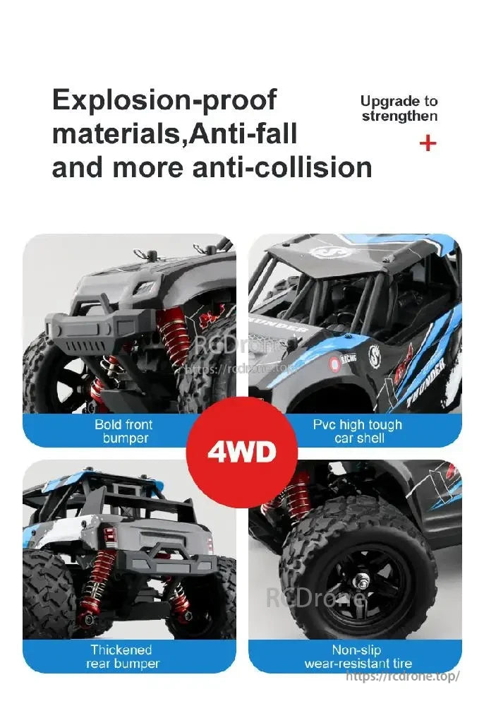 Wltoys HS 18311/18312 1:18 4WD RC Car, Explosion-proof, durable drone with 4WD, anti-fall/collision design, bold bumpers, PVC shell, and non-slip tires for rugged performance.