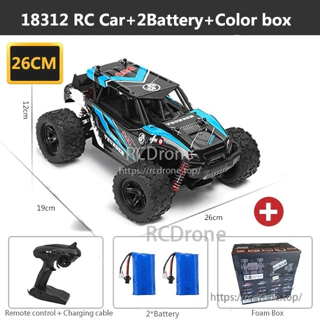 Wltoys HS 18311/18312 1:18 4WD RC Car, 18312 RC car, 26cm, includes 2 batteries, color box, remote, charging cable, and foam packaging.