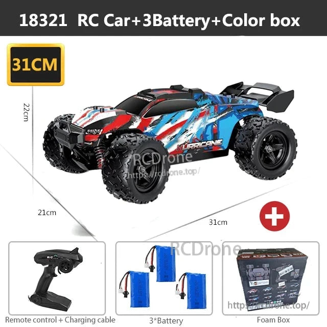 Wltoys HS 18311/18312 1:18 4WD RC Car, 18321 RC car, 3 batteries, remote, charging cable, in color and foam box, 31cm long.