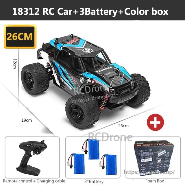 Wltoys HS 18311/18312 1:18 4WD RC Car, 18312 RC car, 26x19x12cm, includes 3 batteries, remote, charging cable, in color and foam box.