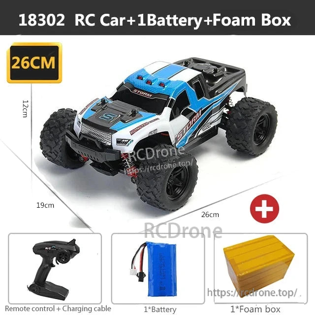 Wltoys HS 18311/18312 1:18 4WD RC Car, 18302 RC car, 26cm long, includes remote, battery, charging cable, and foam packaging for protection.