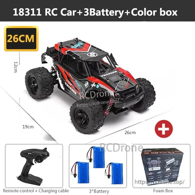 Wltoys HS 18311/18312 1:18 4WD RC Car, 18311 RC car, 26x19 cm, includes 3 batteries, remote, charging cable, color box, and foam packaging.