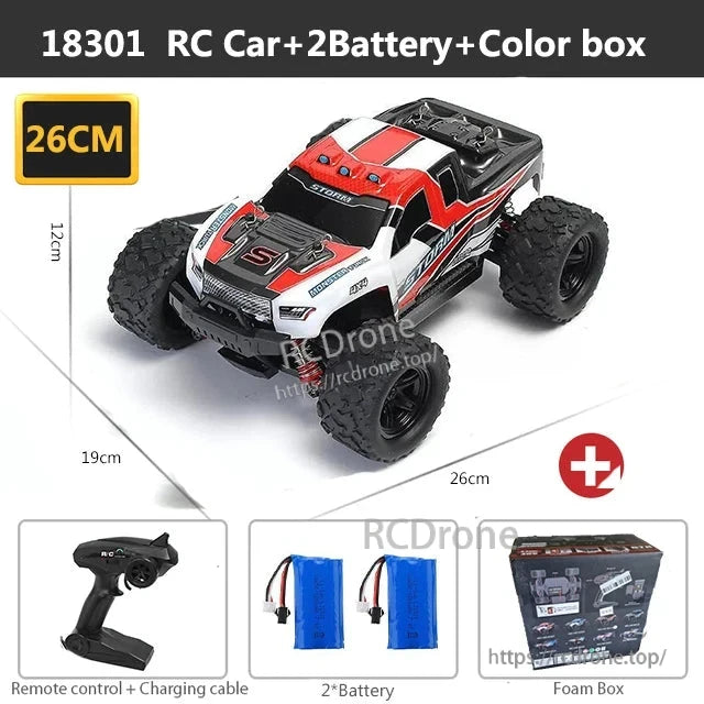 Wltoys HS 18311/18312 1:18 4WD RC Car, 18301 RC car with 2 batteries, remote, cable, in color box. Ready-to-go off-road truck, 26x19x12cm, includes foam packaging.