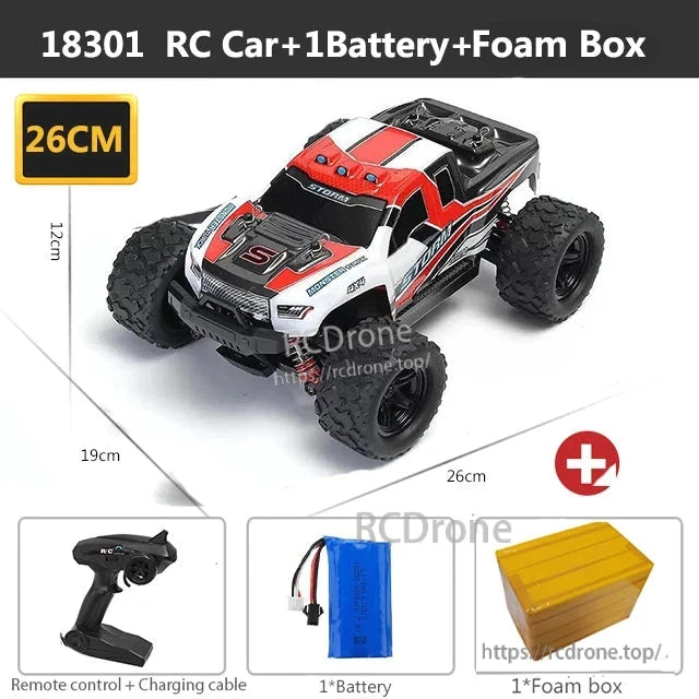 Wltoys HS 18311/18312 1:18 4WD RC Car, 18301 RC car, 26cm long, includes remote, battery, charging cable, and foam packaging for protection.