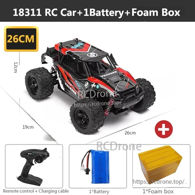 Wltoys HS 18311/18312 1:18 4WD RC Car, 18311 RC car, 26cm long, includes remote, battery, charging cable, and foam box.