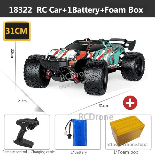 Wltoys HS 18311/18312 1:18 4WD RC Car, 18322 RC car, 31cm long, includes battery, remote, charging cable, and foam packaging for protection.