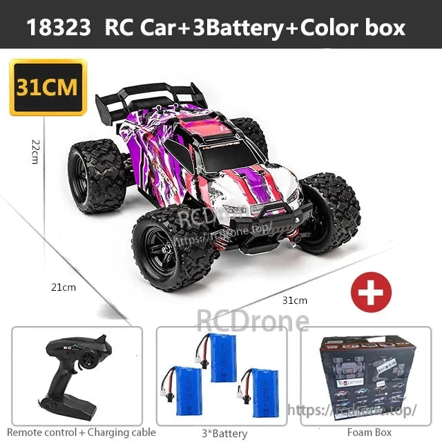 Wltoys HS 18311/18312 1:18 4WD RC Car, RC car set includes 3 batteries, remote, cable, foam packaging; box size: 31x21x22cm.