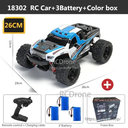 Wltoys HS 18311/18312 1:18 4WD RC Car, 18302 RC car, 26x19x12cm, includes 3 batteries, remote, charging cable, in color and foam box.