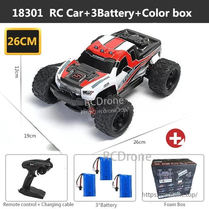 Wltoys HS 18311/18312 1:18 4WD RC Car, 18301 RC car includes 3 batteries, color box, remote, charging cable, foam packaging; measures 26x19x12cm.