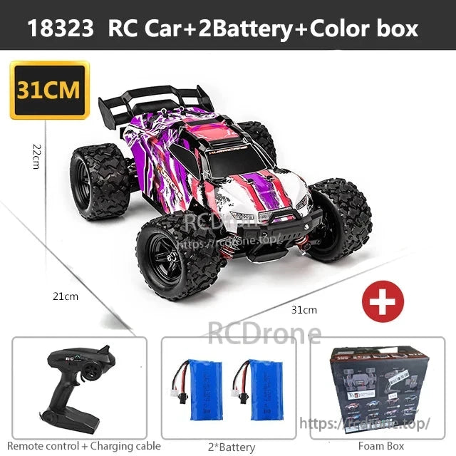 Wltoys HS 18311/18312 1:18 4WD RC Car, 18323 RC car, 31cm, includes 2 batteries, remote, charging cable, color box, and foam packaging.