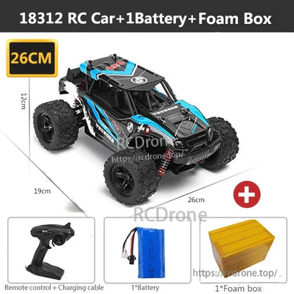 Wltoys HS 18311/18312 1:18 4WD RC Car, 18312 RC car, 26cm, includes remote, battery, charging cable, and foam packaging for protection.