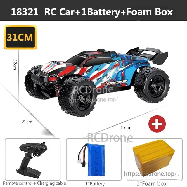 Wltoys HS 18311/18312 1:18 4WD RC Car, 18321 RC car, 31cm long, includes battery, remote, charging cable, and foam packaging for protection.