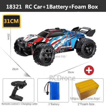 Wltoys HS 18311/18312 1:18 4WD RC Car, 18321 RC car, 31cm long, includes battery, remote, charging cable, and foam packaging for protection.