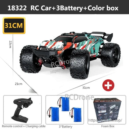 Wltoys HS 18311/18312 1:18 4WD RC Car, RC car includes 3 batteries, remote, charging cable, and foam box; measures 31x21x22cm.