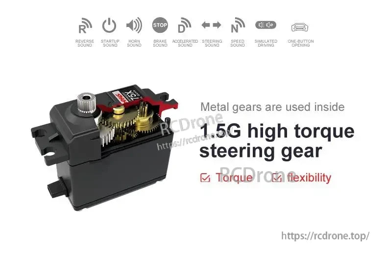 Wltoys HS 18311/18312 1:18 4WD RC Car, High-torque 1.5G steering gear with metal gears, offering reverse, acceleration, steering, brake, horn, startup sounds, simulated driving, and one-button operation.