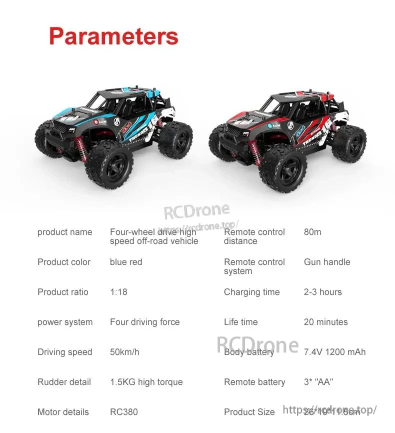 Wltoys HS 18311/18312 1:18 4WD RC Car, 1:18 scale 4WD RC car, up to 50km/h, 80m range, 20min runtime, 2-3h charge. Blue/red, 7.4V battery, 3x AA remote, 26x19x11.5cm.
