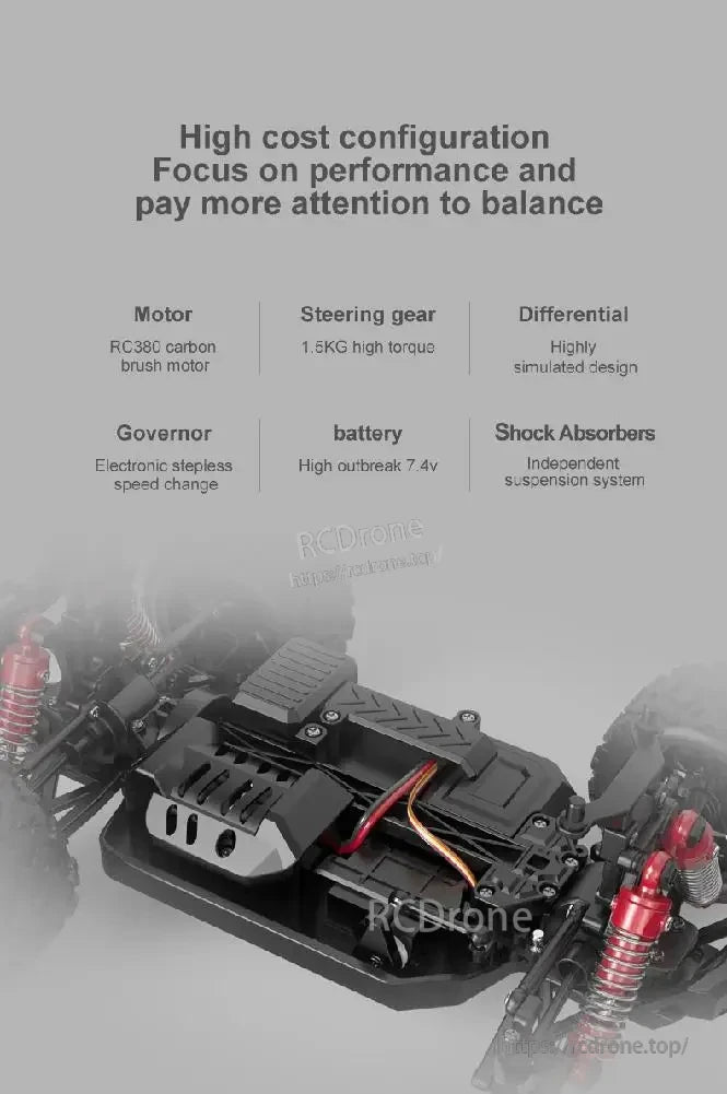 Wltoys HS 18311/18312 1:18 4WD RC Car, High-performance RC car featuring a carbon brush motor, high-torque steering, electronic speed control, 7.4V battery, and independent suspension for superior off-road capability.