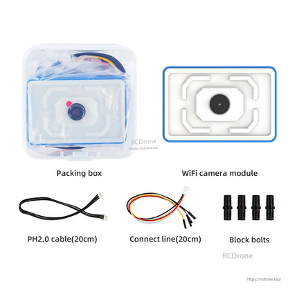 WiFi camera module kit with packing box, 20cm PH2.0 cable, 20cm connect line, and block bolts