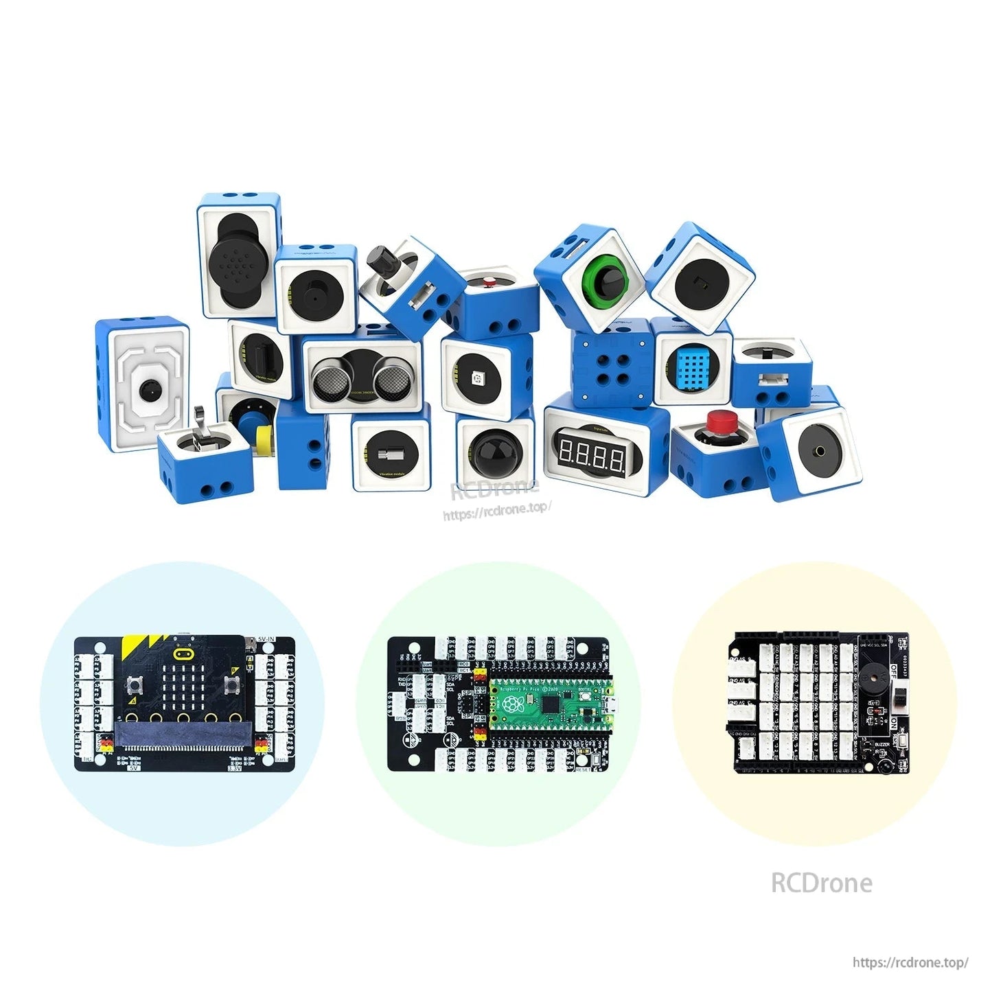 Assorted sensor block kit with three controller expansion boards shown below (micro:bit, Pico, UNO)